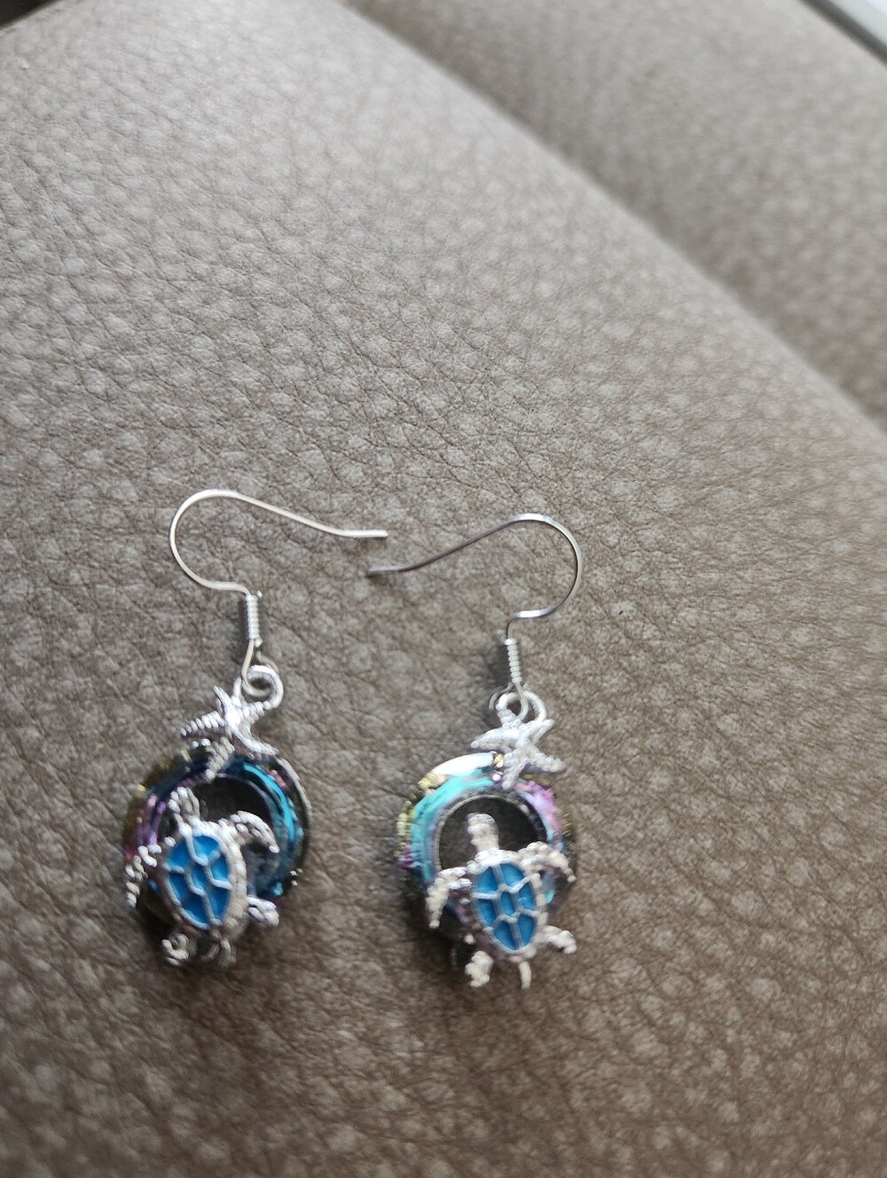 Silver Tine Turtle Drop Earrings with Blue Enamel Accents